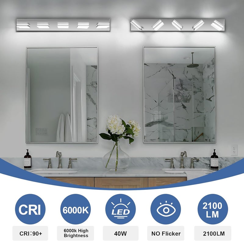 JZEKVN Modern LED Bathroom Lights Fixtures(5-Light),Stainless Steel Chrome Acrylic Wall Lighting,Vanity Lights for Bathroom Over Mirror(6000k 34in) - Image 5